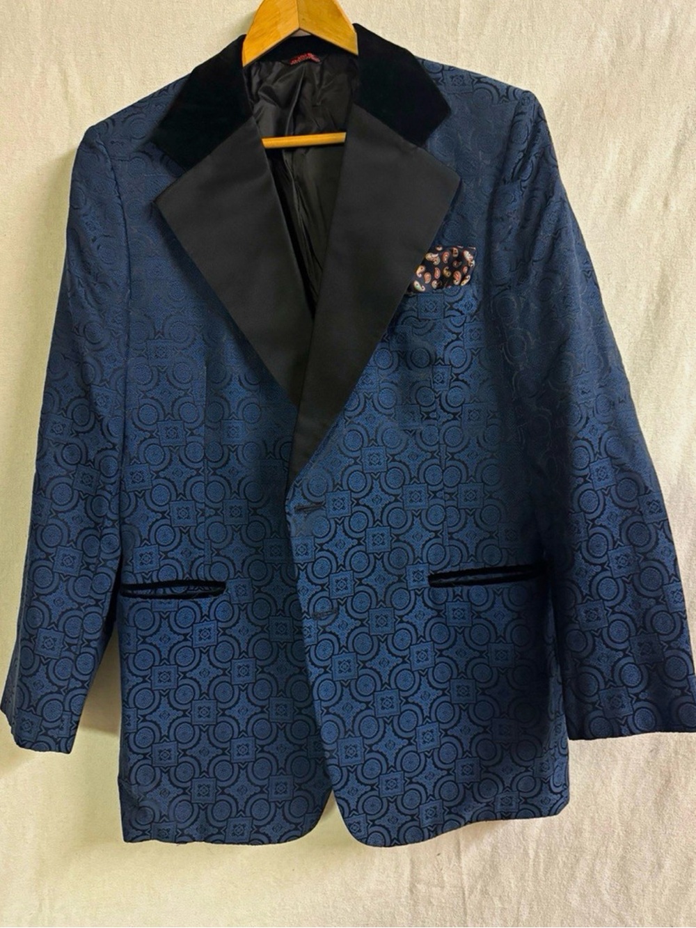 Vintage 60s After Six Blue Jacquard Brocade Tuxedo Dinner Jacket 40 R